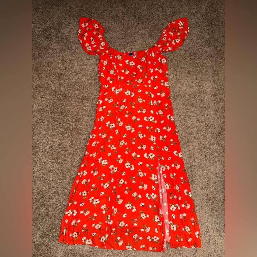 Old Navy Red Floral Midi with Cap Sleeves
